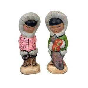 Eskimo Ceramic Hand Painted Girl & Boy Figures, Set of 2 Alaskan Winter Art